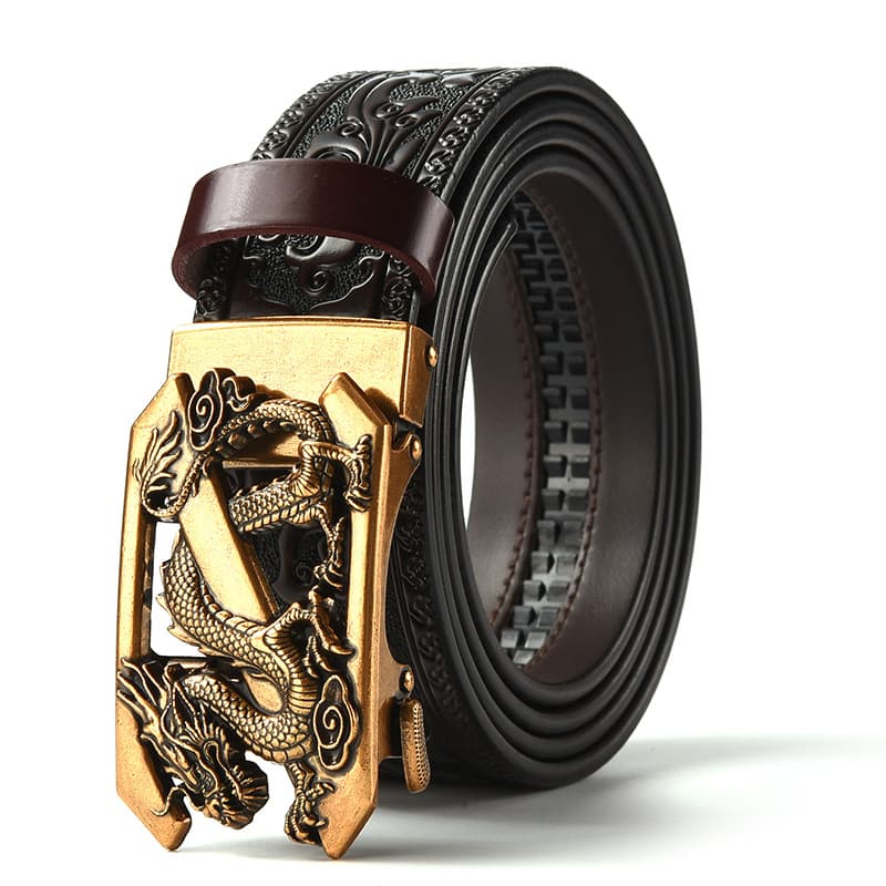 Brown 120 cm Men's Genuine Cowhide Vintage Carved Belt with Gold Dragon