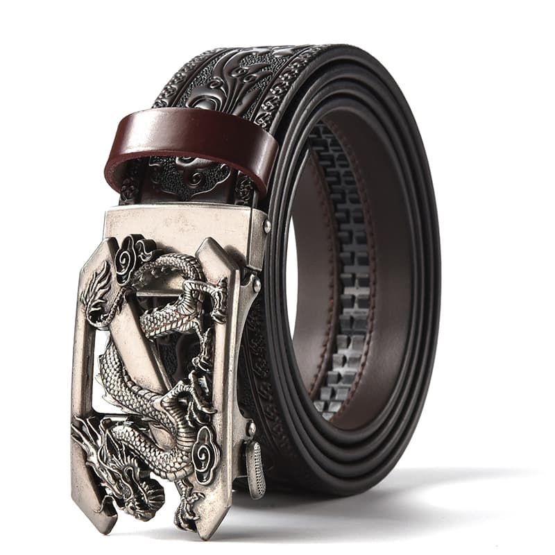 Brown 120 cm Men's Genuine Cowhide Vintage Carved Belt with Silver Dragon