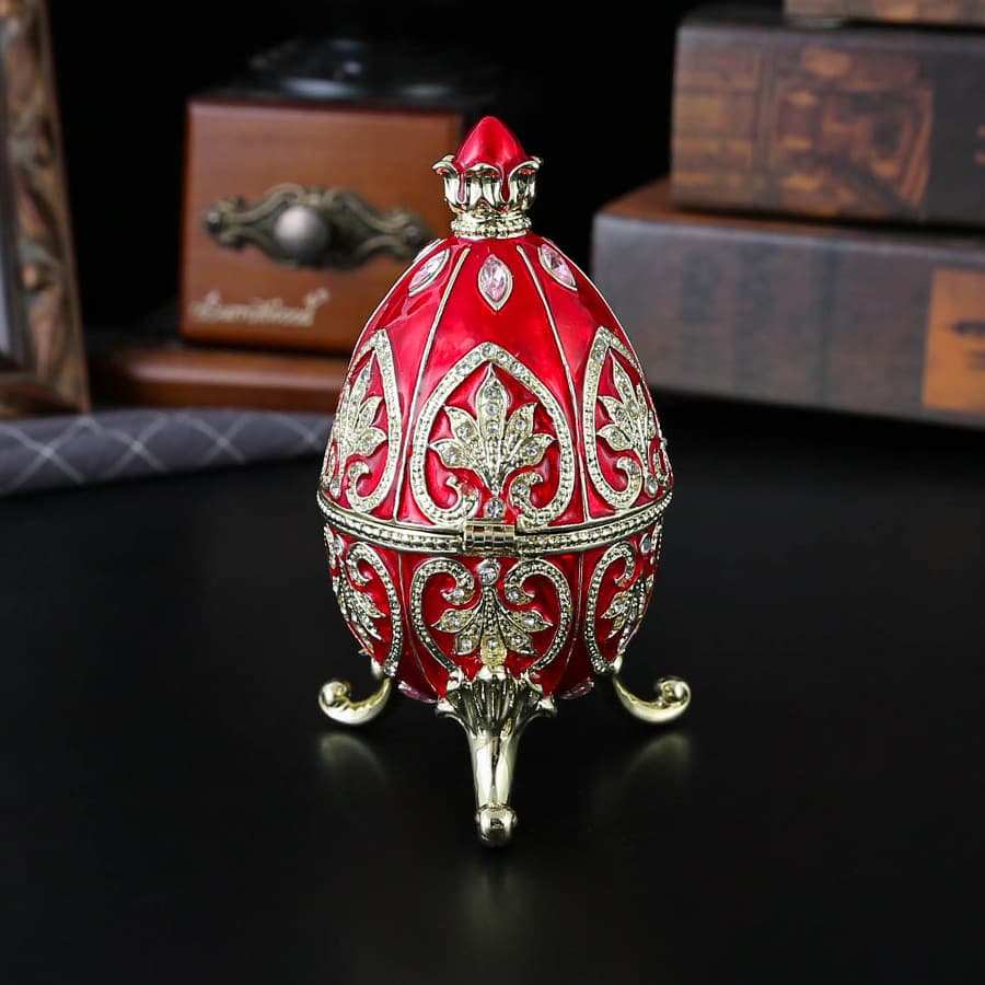 Red Vintage European Rhinestone Inlaid Embossed Enameled Jewelry Box