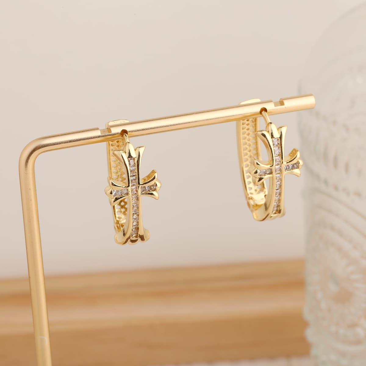 1-Pair Gold Sparkling Iced Out Rhinestone Cross Hoop Earrings - 1 Gold