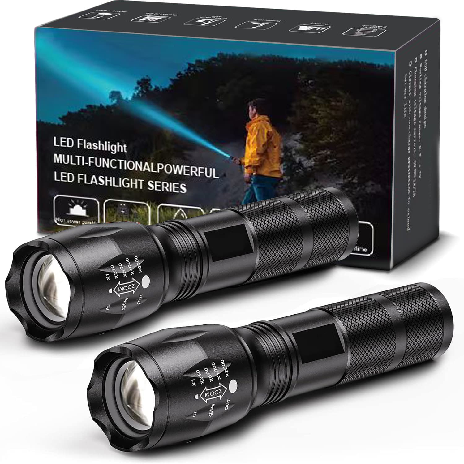 2-Pack High-Powered LED Flashlight with 500m Long Range - Zoomable Focus