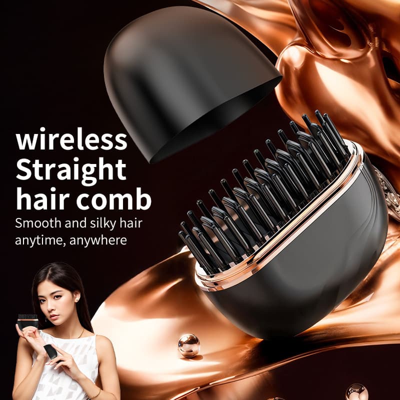 Black Cordless Portable Hair Straightening & Curling Brush - Plant Protein