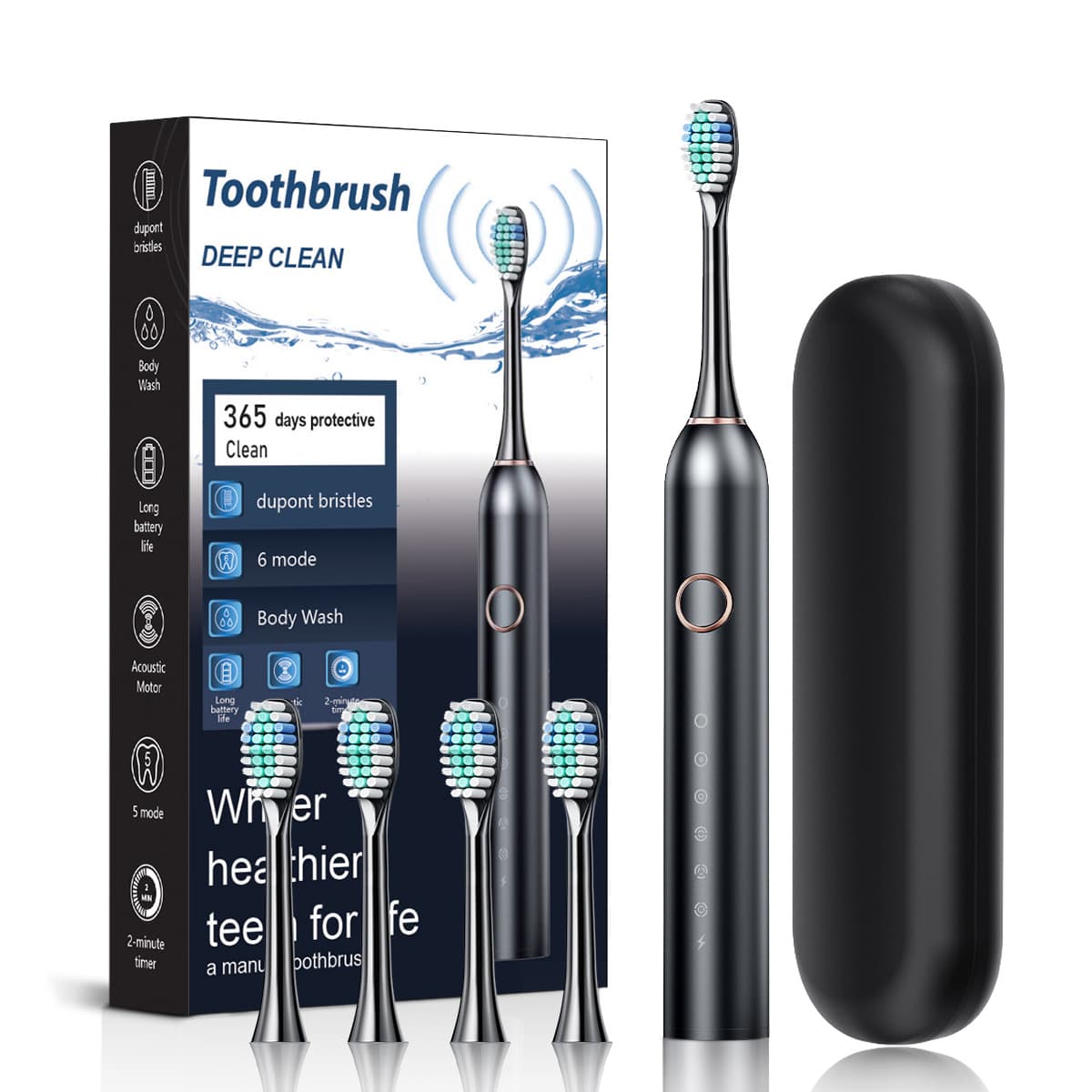 Black Smart Sonic Electric Toothbrush Kit with 4 Heads & Travel - Black 4