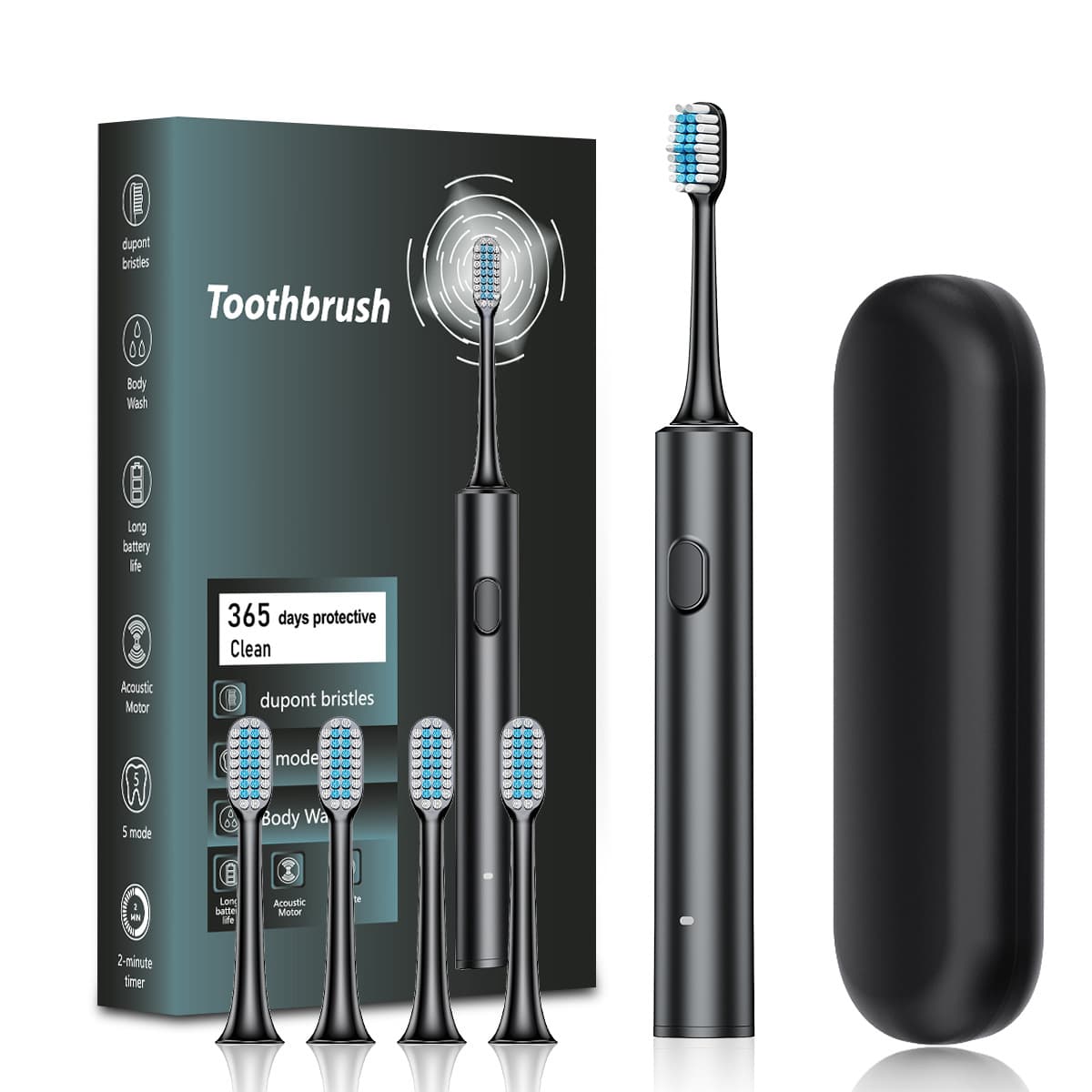 Black Sonic Electric Toothbrush Kit with 5 Cleaning Modes, 4 Heads - Black 4
