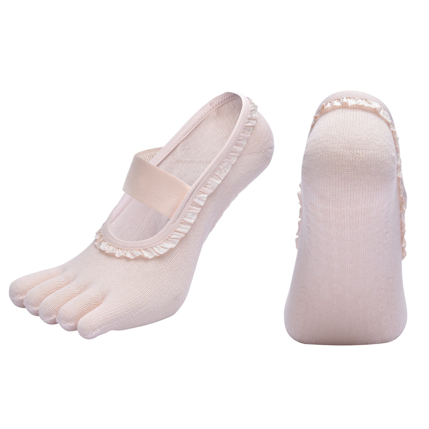 Beige 2-Piece Women's 5-Finger Ballet Style Yoga Socks - Non-Slip Grip