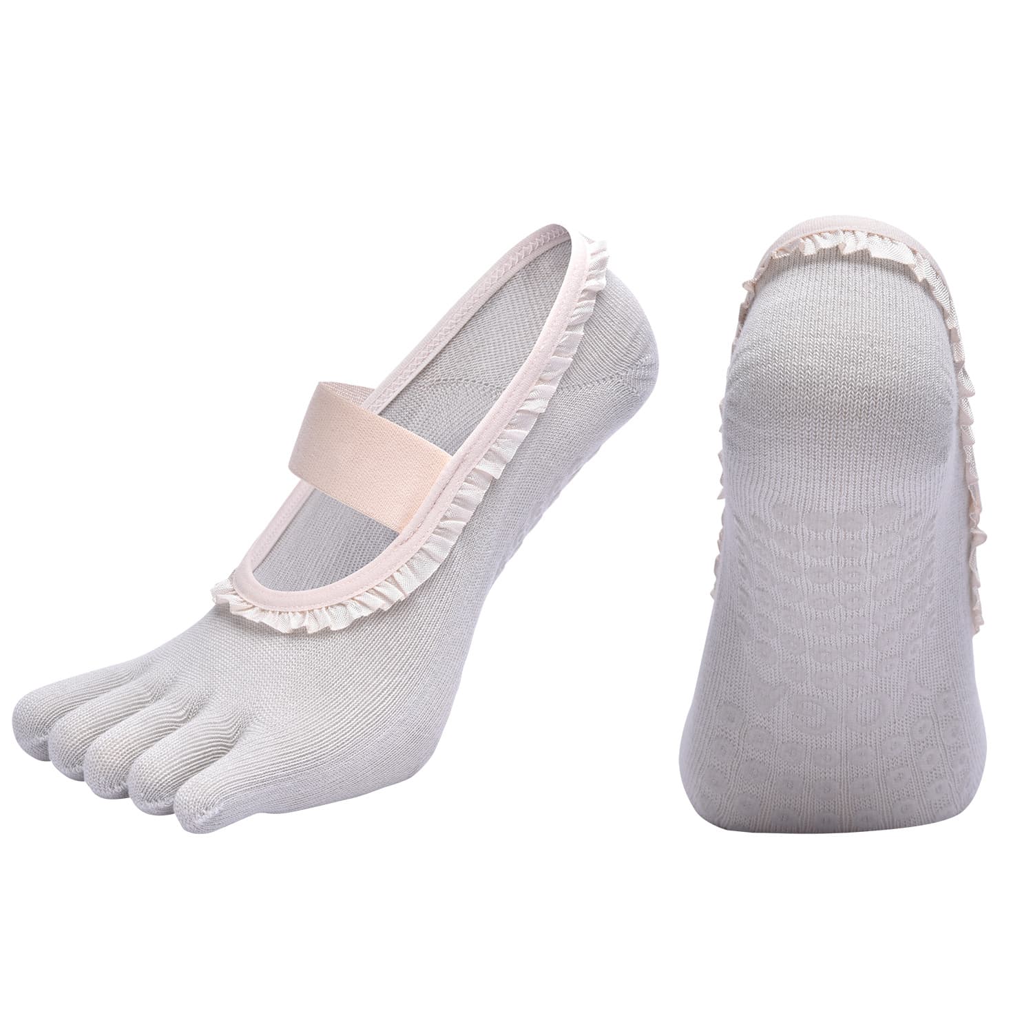 Grey 2-Piece Women's 5-Finger Ballet Style Yoga Socks - Non-Slip Grip