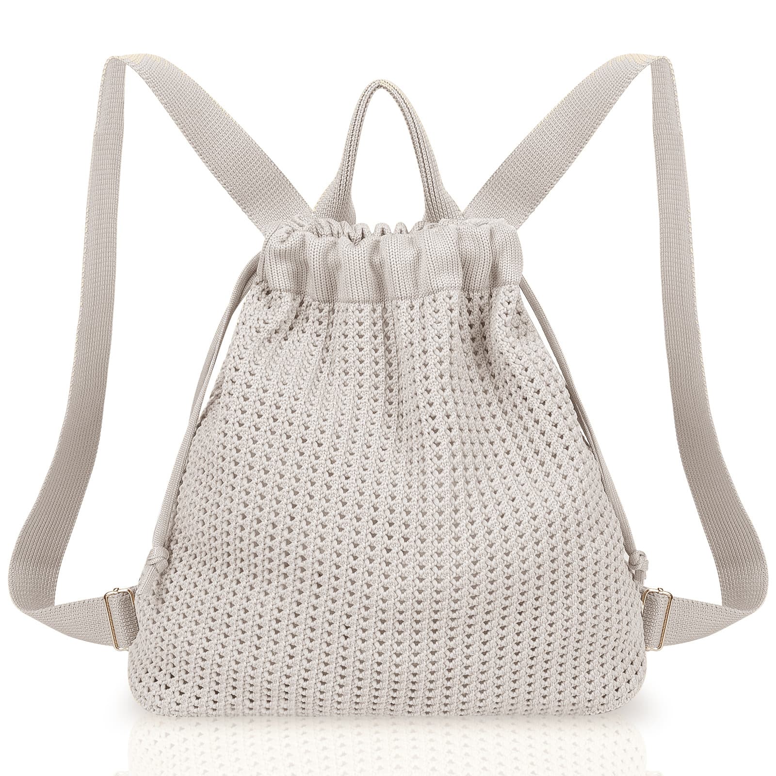 Grey Bohemian Crochet Knit Drawstring Backpack - Hand-Woven Versatile Tote