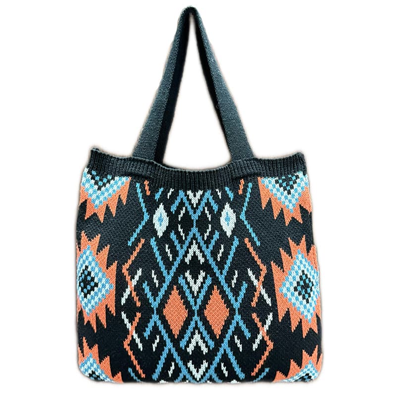 Black Bohemian Tribal Print Knit Tote Bag - Large Capacity Woven Style