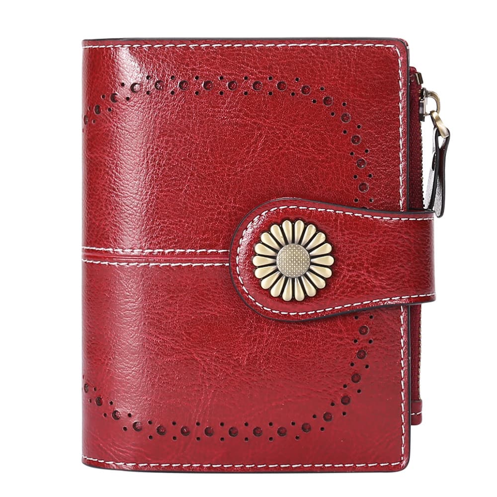 Red Women's Short Leather Wallet - European Style Waxed Leather Coin Purse