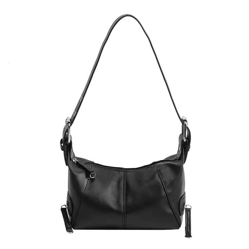 Black PU Leather Zippered Shoulder Bag - Retro European Style Crossbody