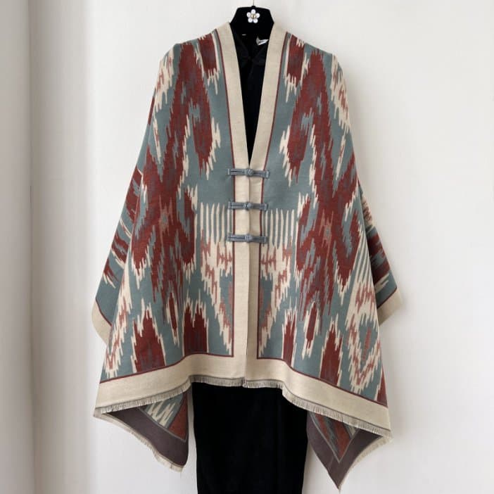 Blue and Dark Red New Style Buttoned Shawl - Double-Sided Winter Scarf