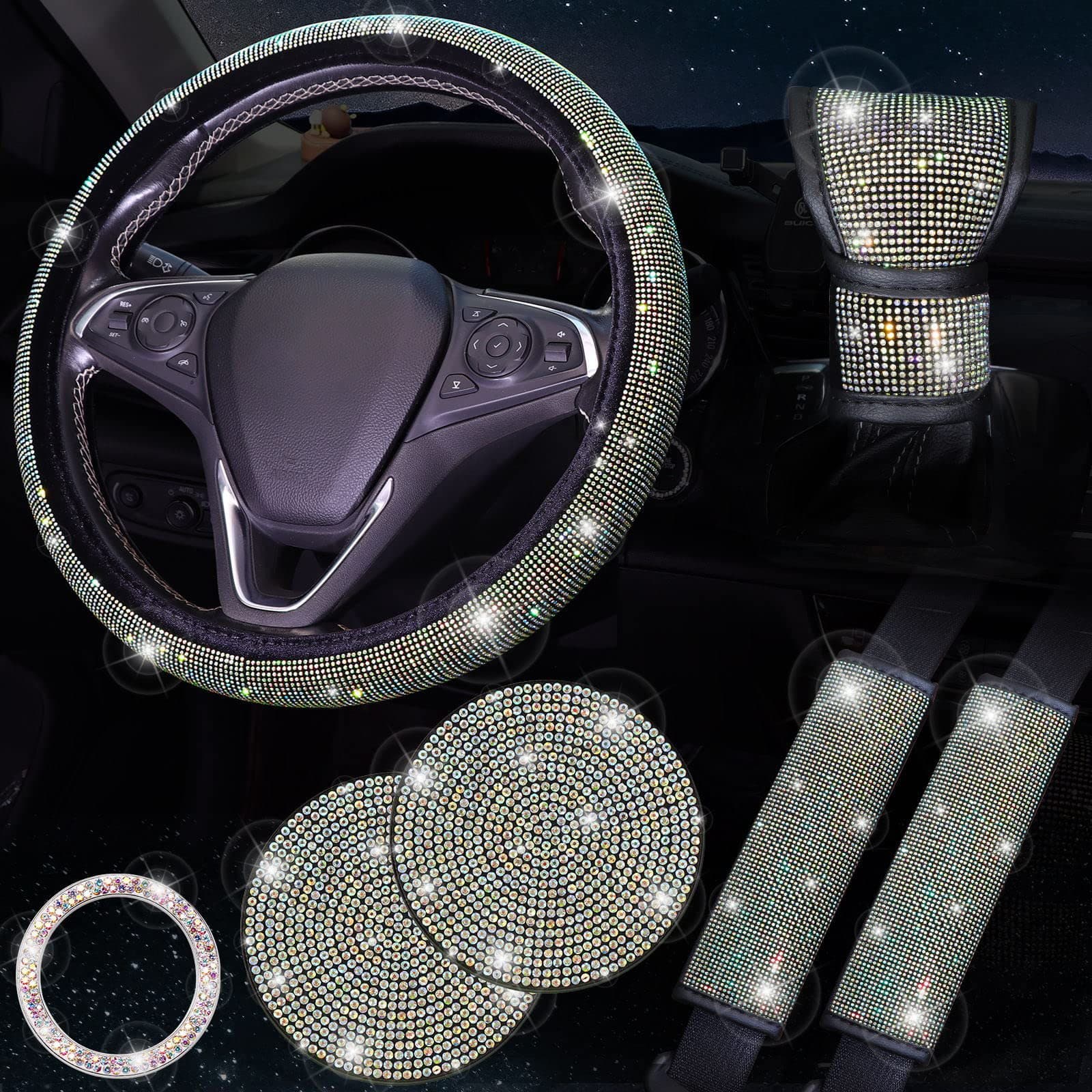 Colorful 7-Piece Car Interior Decoration Set - Crystal Rhinestone Steering