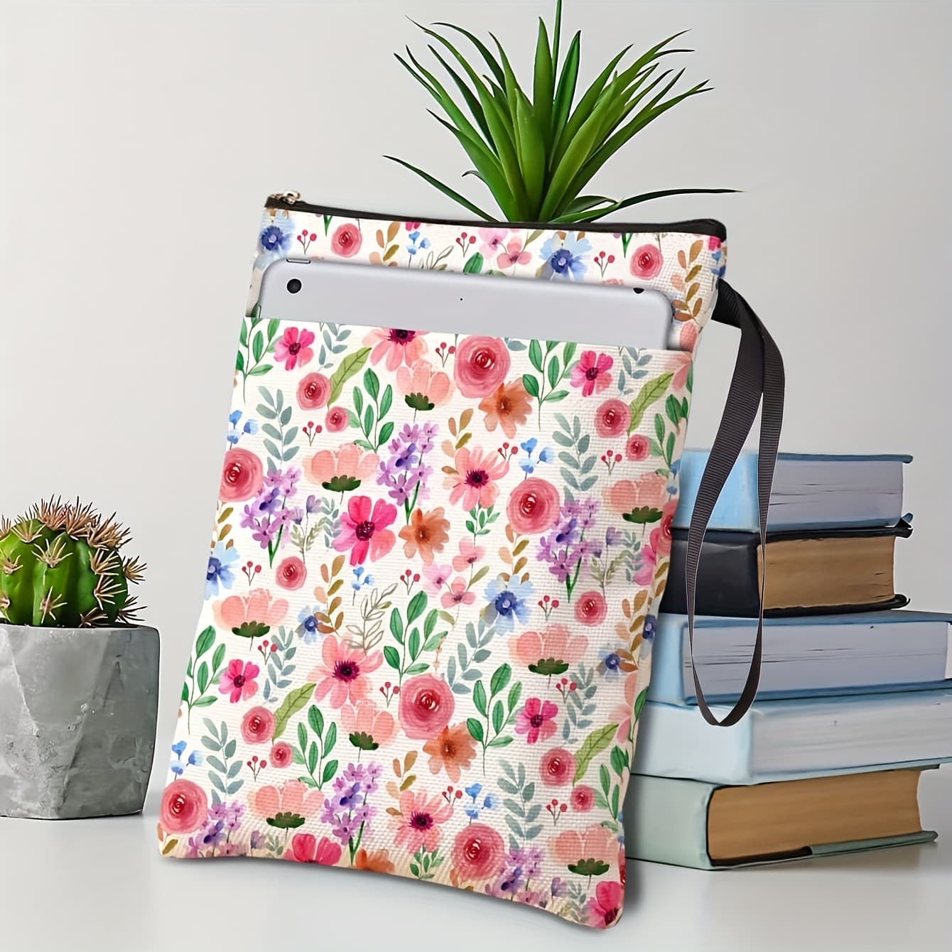 Pink flowers Zippered Book Sleeve with Printed Design