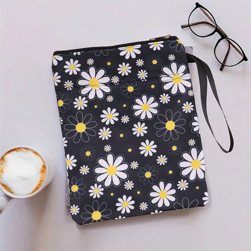 Daisy Zippered Book Sleeve with Printed Design - Waterproof Protective Cover