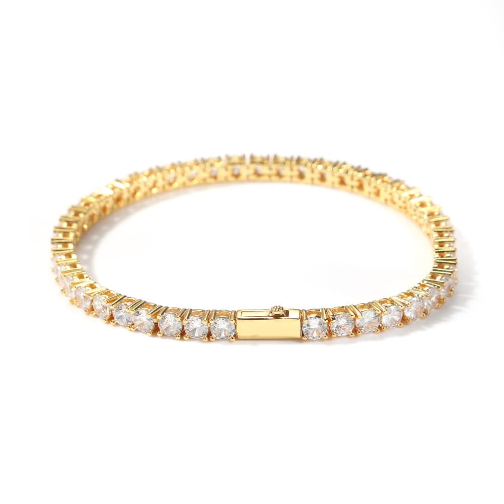 Gold Single-Row Zircon Bracelet - 4mm Wide, Brass Base with Secure Clasp