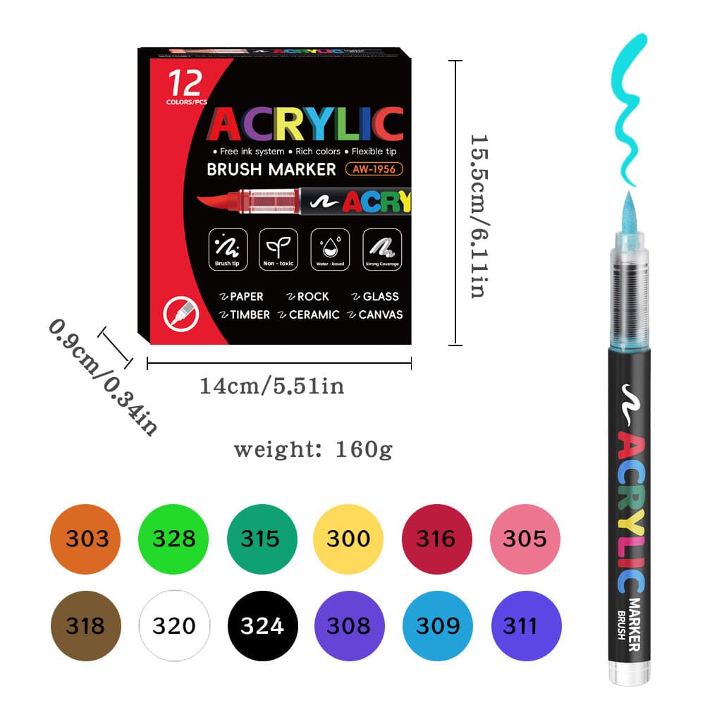 Acrylic Brush Marker - 12-Pack, Water-Based Ink, Flexible Tip