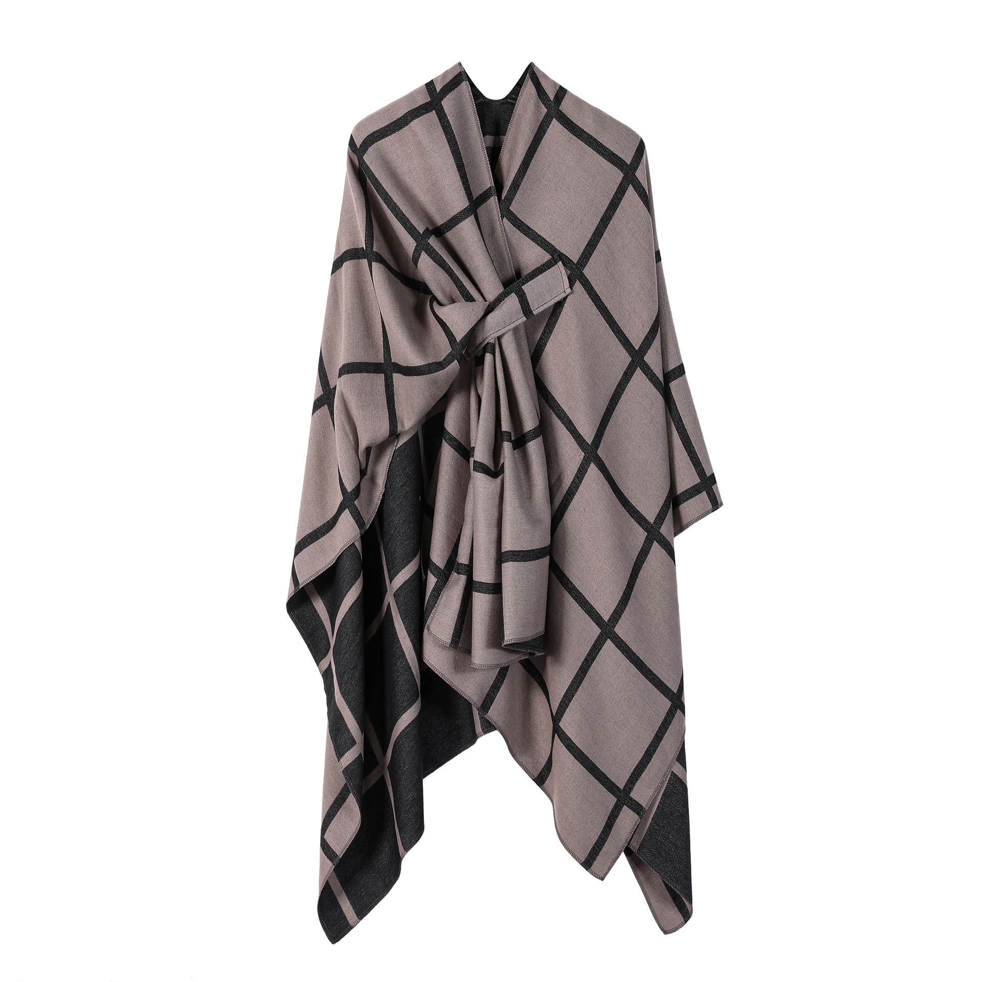 Brown Check Knit Travel Shawl with Side-Slit Design - Fall - 135 × 155 cm