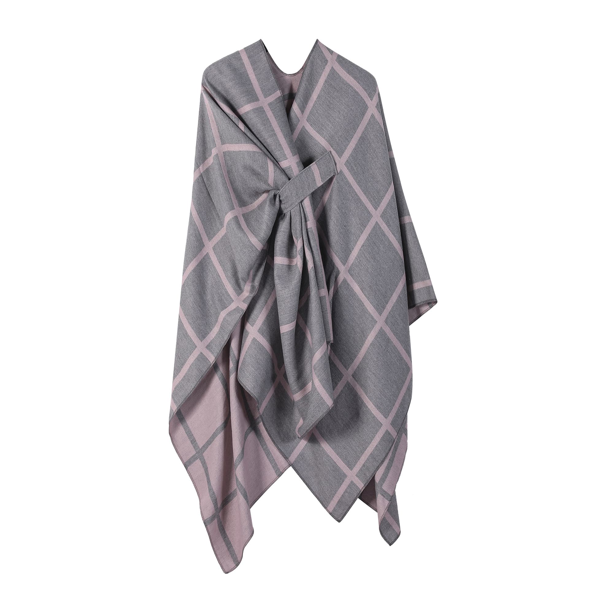 Grey and Pink Check Knit Travel Shawl with Side-Slit Design - 135 × 155 cm