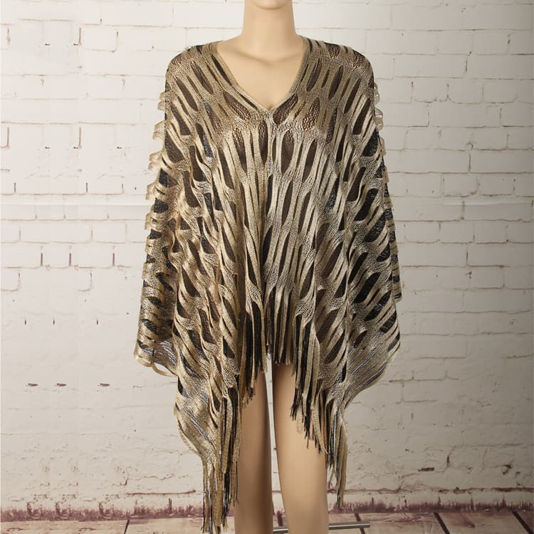 Gold Boho Hollow-Out Wave Poncho Shawl with Tassel Hem - Dual-Tone Color