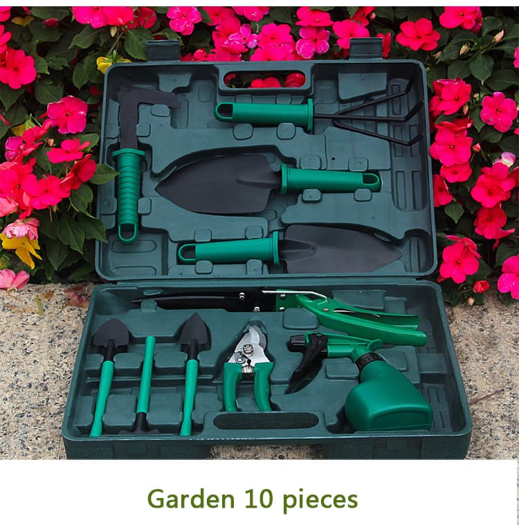 10-Piece Green Professional Garden Tool Set with Carrying Case - Ergonomic