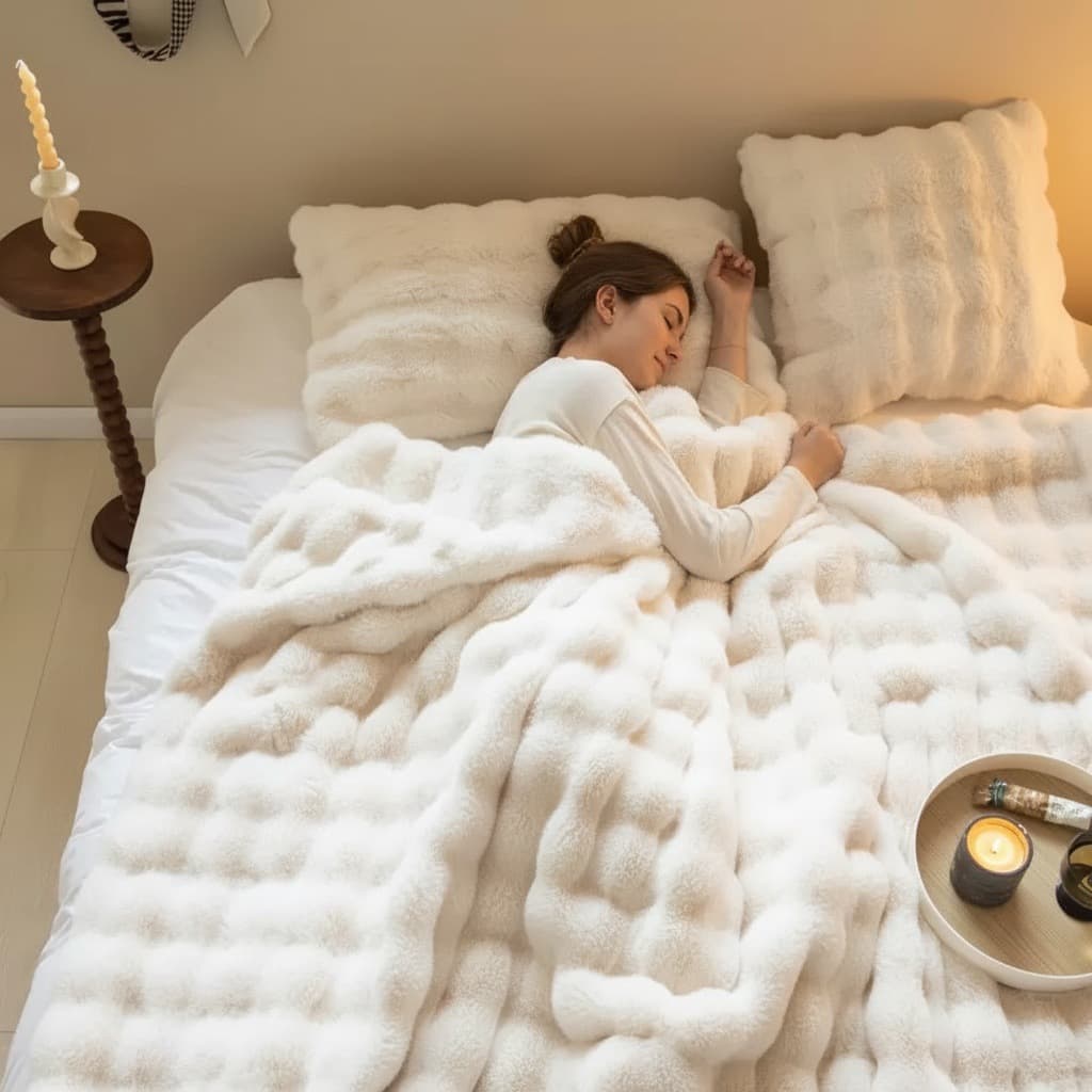 White Tuscany Fleece Rabbit Fur Bubble Blanket (200 × 230 cm) - Double-Sided