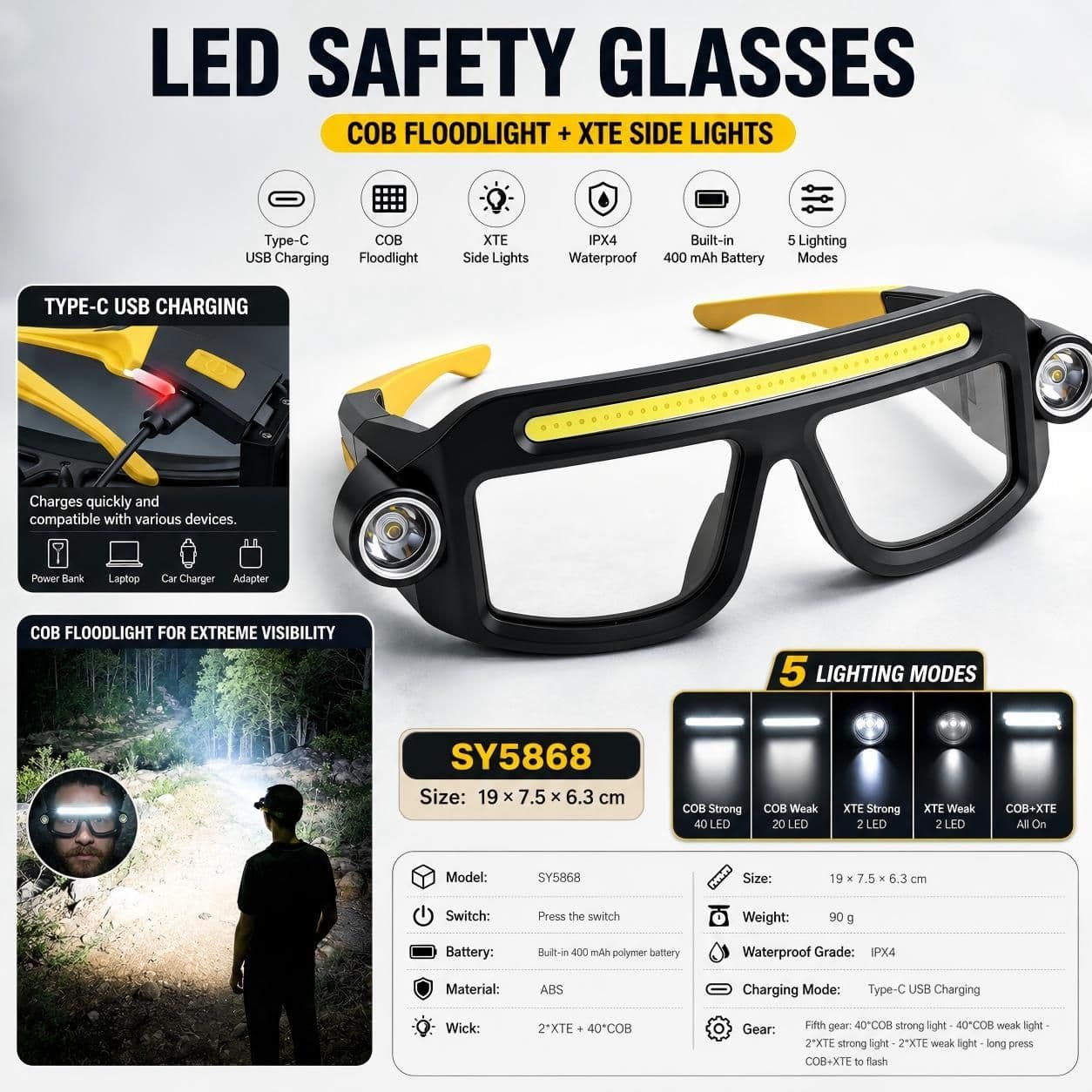 LED Glasses Light Rechargeable USB-C - Yellow Hands-Free COB and Dual XTE