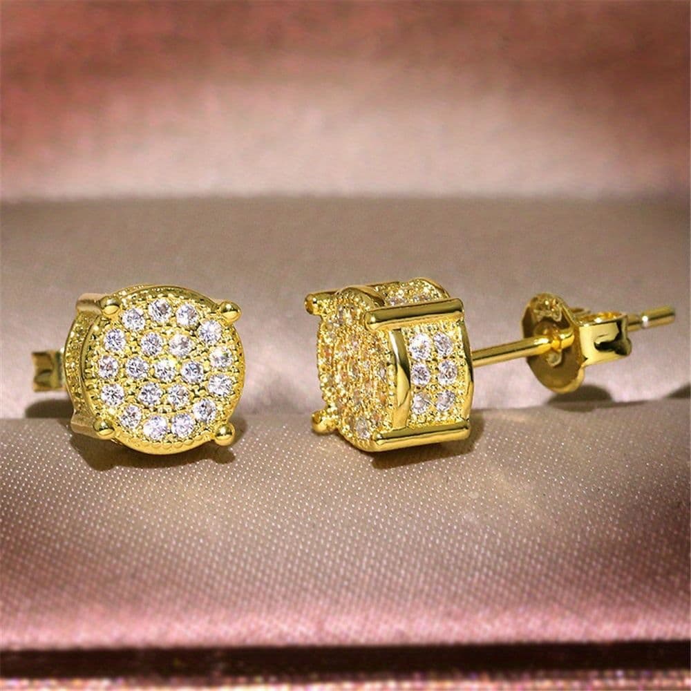 Gold Unisex Round Crystal Stud Earrings - Full-Pave Micro-Set Alloy Ear