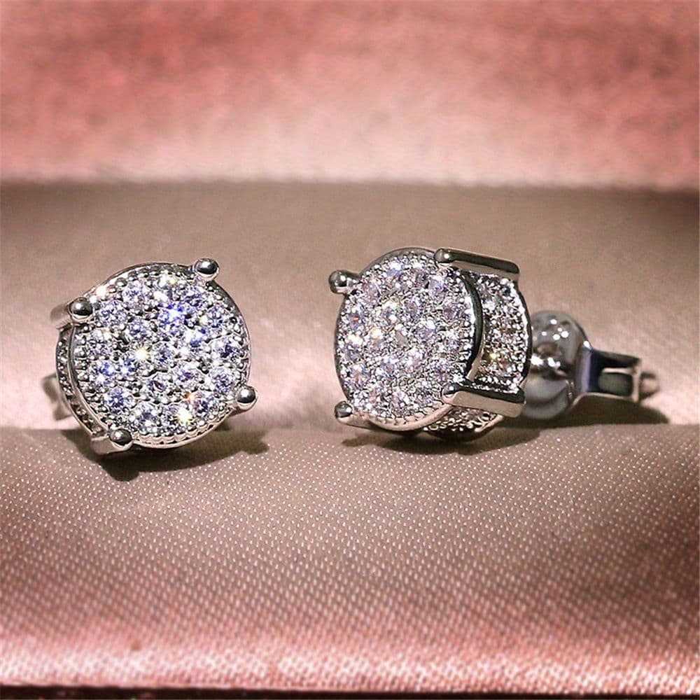 Silver Unisex Round Crystal Stud Earrings - Full-Pave Micro-Set Alloy Ear