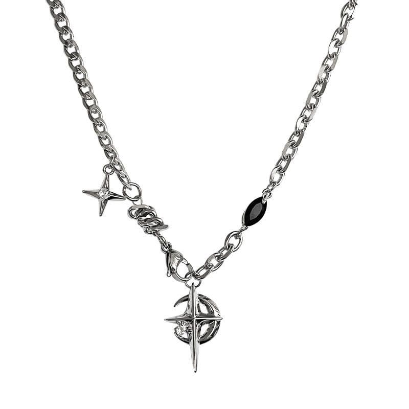 Silver Hip-hop style titanium steel black gemstone spliced star cross