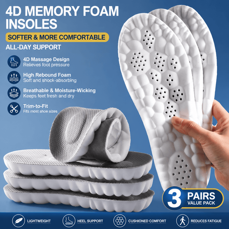 3-Pair Grey 4D Cloud Insoles for Men and Women Insoles Super Soft - AU 4-5