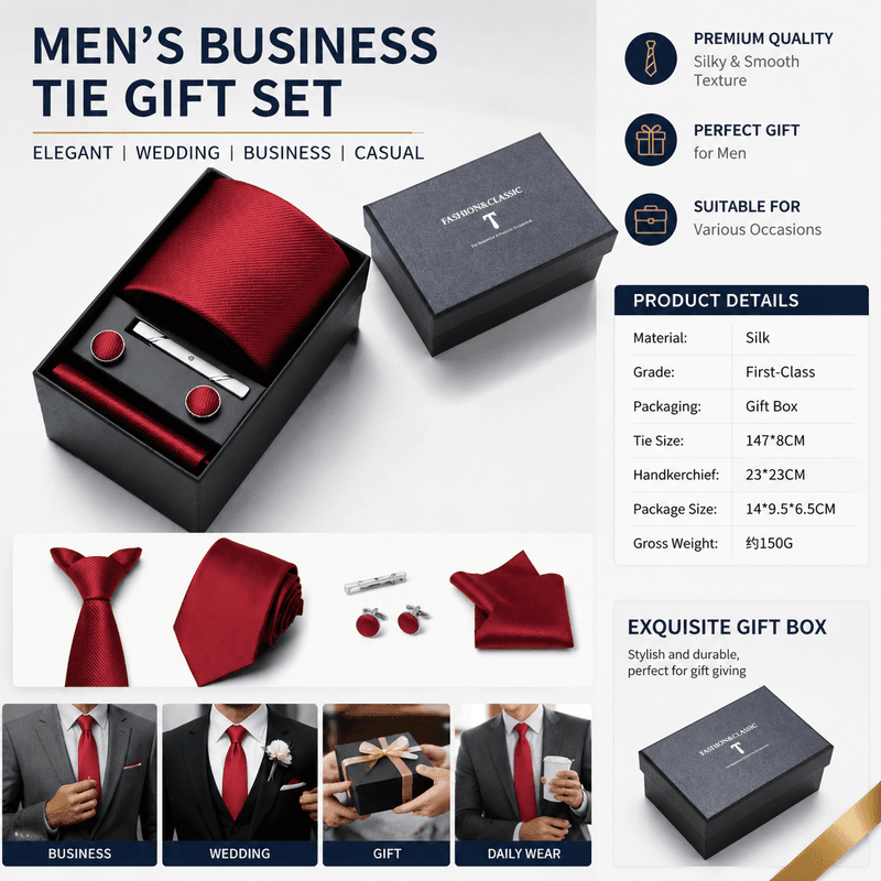 Red Men's 4-Piece Formal Tie Set - Necktie, Pocket Square, Cufflinks