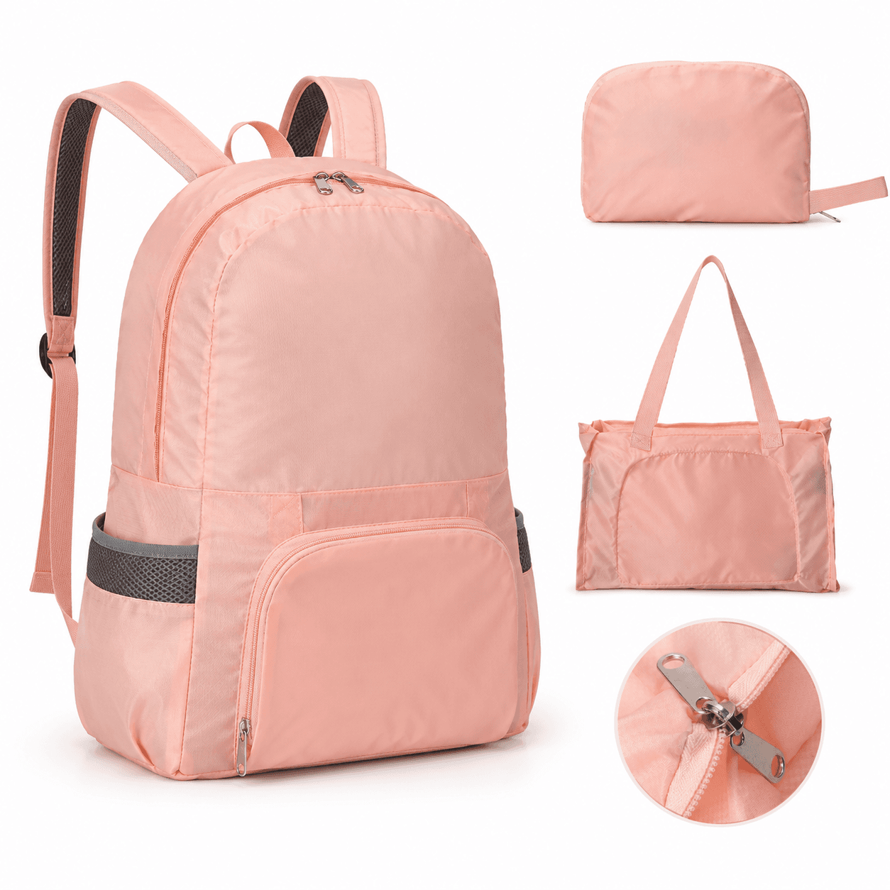 Pink Lightweight Foldable Backpack - Waterproof Polyester 3 Way Backpack