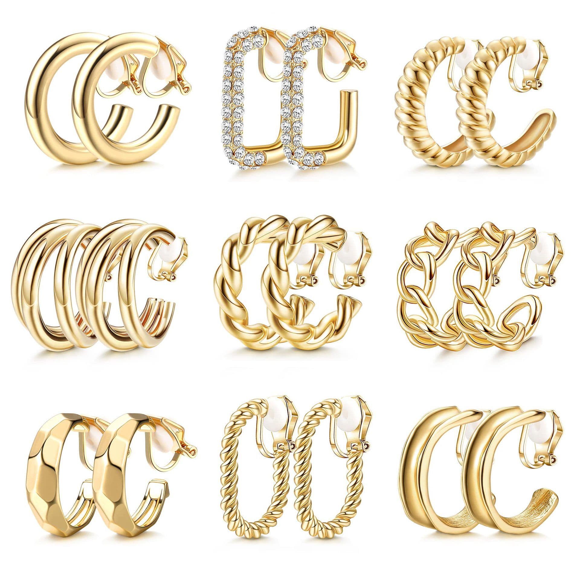 9-Pair Geometric C-Shaped Non-Pierced Ear Clips Minimalist Hollow