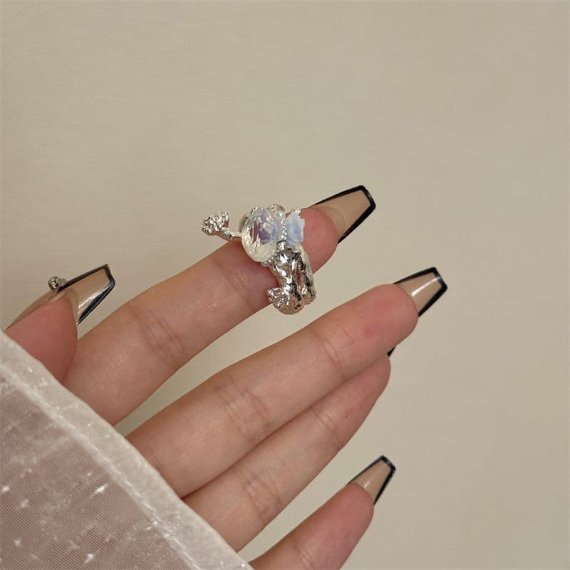 Vintage Camellia Handmade Enamel Wide Metal Ring A with Zirconia Accents