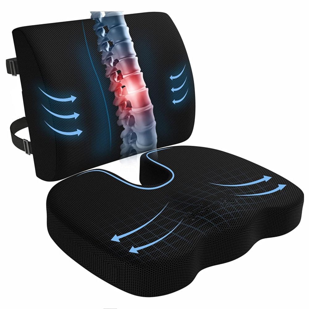 Ergonomic Memory Foam Seat Cushion & Lumbar Support Set - Breathable Mesh