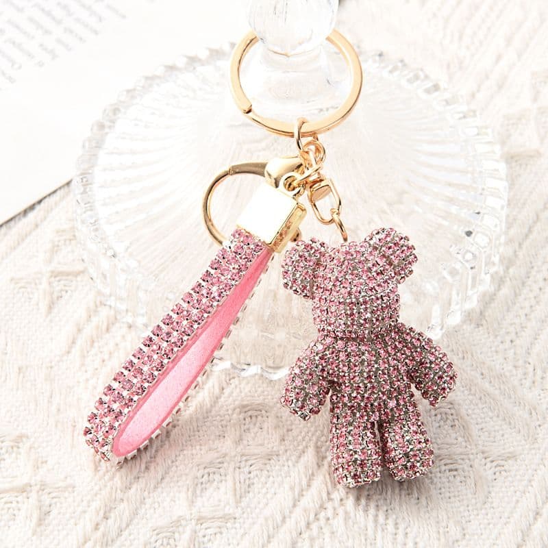 Pink Crystal-Encrusted Sparkling Bear Keychain - Fashion Bag Charm & Key