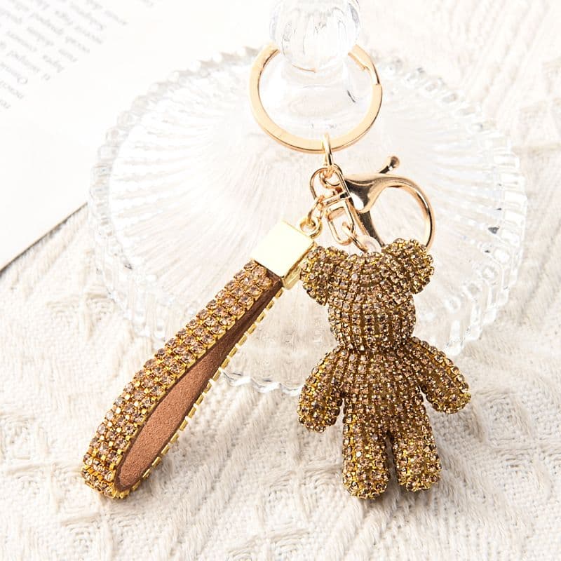 Gold Crystal-Encrusted Sparkling Bear Keychain - Fashion Bag Charm & Key
