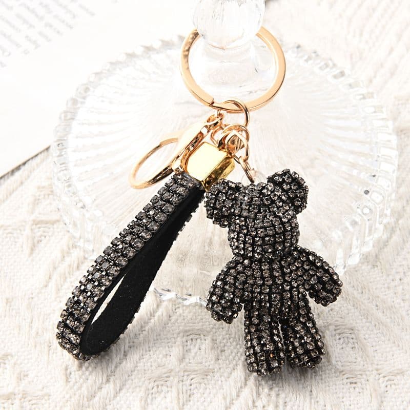 Black Crystal-Encrusted Sparkling Bear Keychain - Fashion Bag Charm & Key