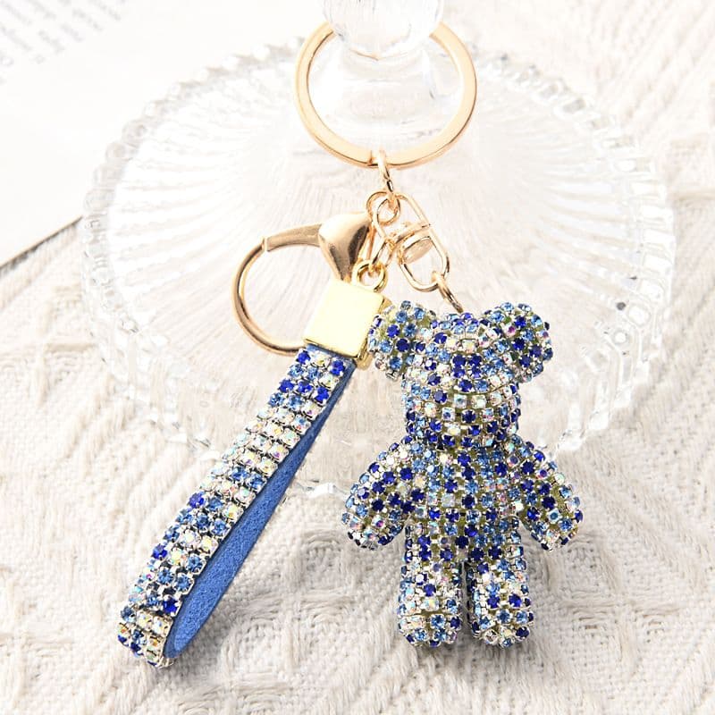 Blue Crystal-Encrusted Sparkling Bear Keychain - Fashion Bag Charm & Key