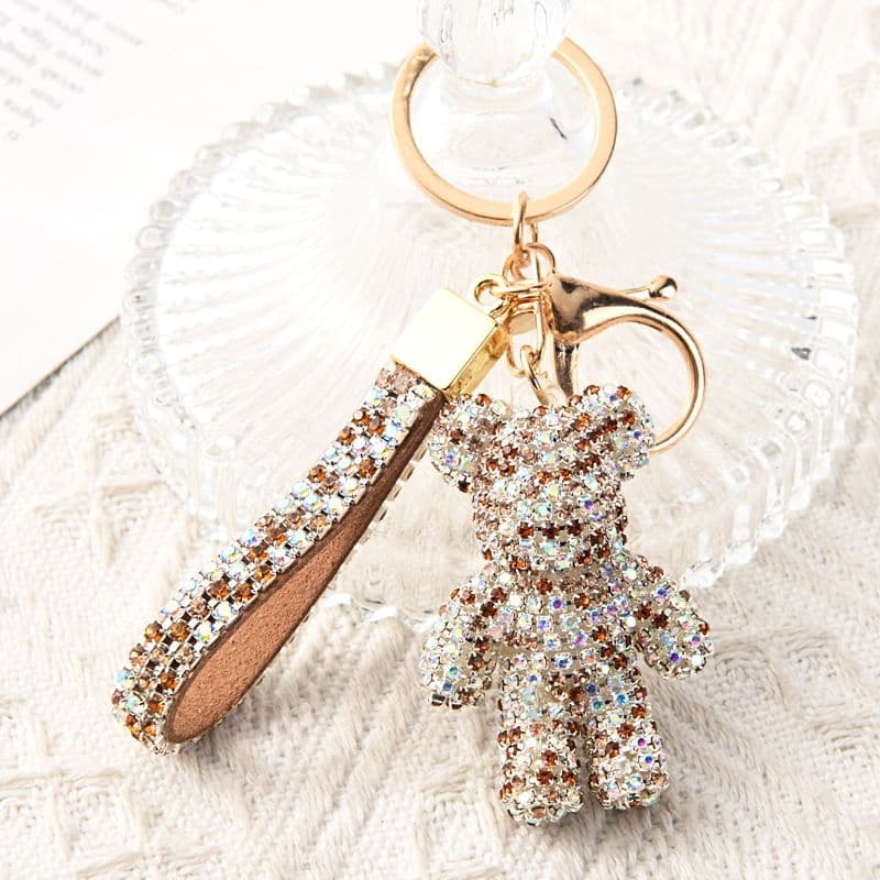 Champagne Crystal-Encrusted Sparkling Bear Keychain - Fashion Bag Charm