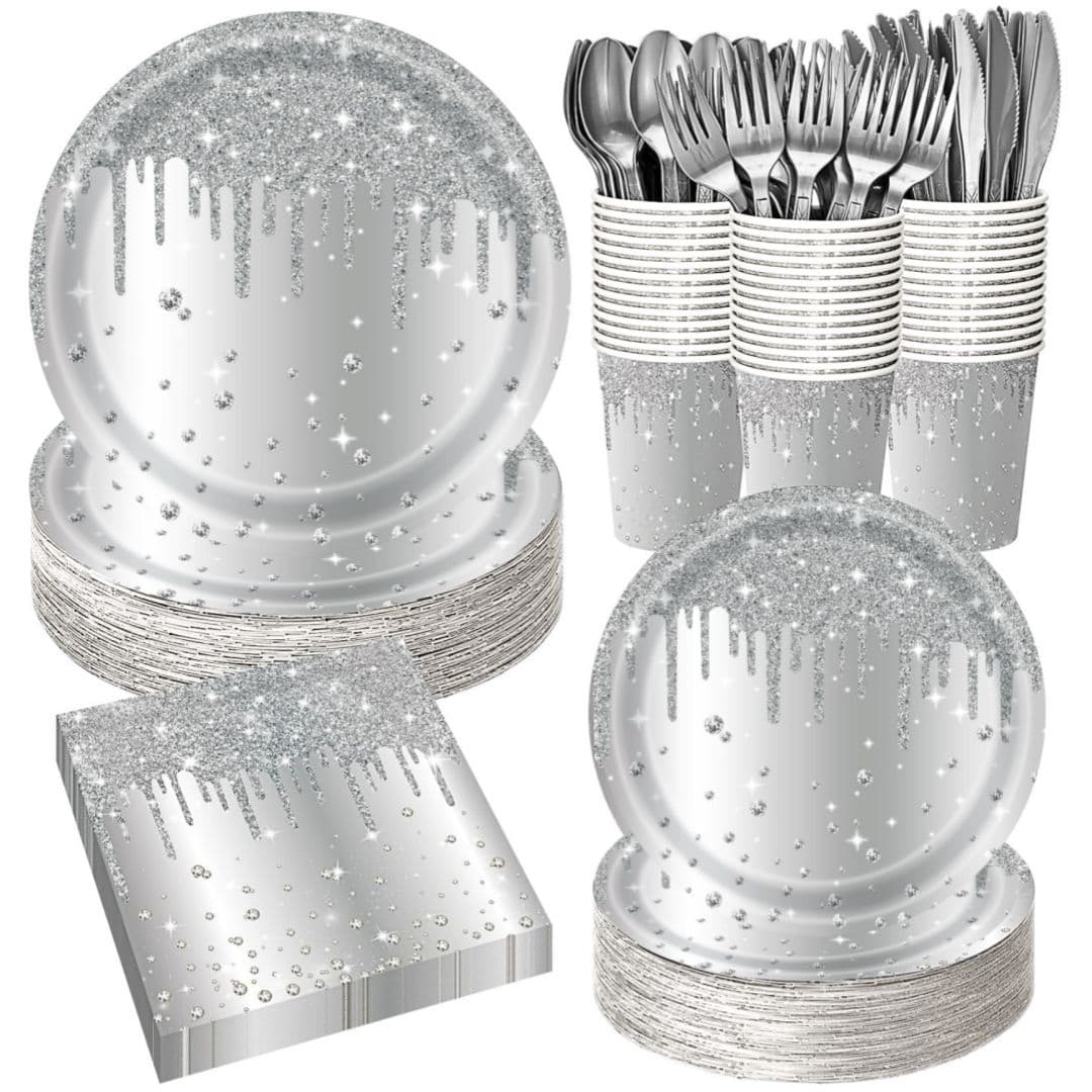 Silver Diamond Sparkle Party Tableware Set 7-Piece Set (Serves 20 People)