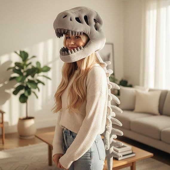 120 cm Grey Funny Dinosaur Skeleton Plush Headwear - Quirky Bone Fossil