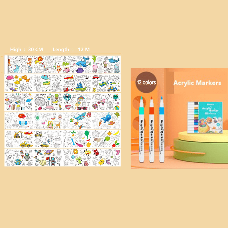 2 Piece- 12M Coloring Scroll Drawing Paper and 12-Color Marker Set, Giant