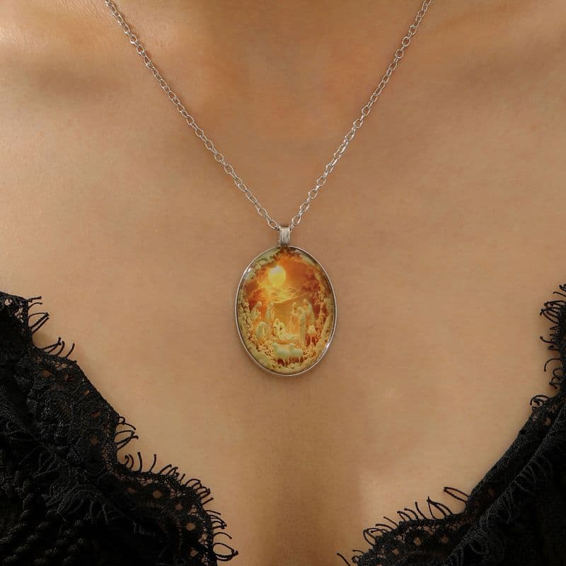 3D Nativity Scene Necklace- Oval Pendant, Jesus Birth Christmas Easter Gift