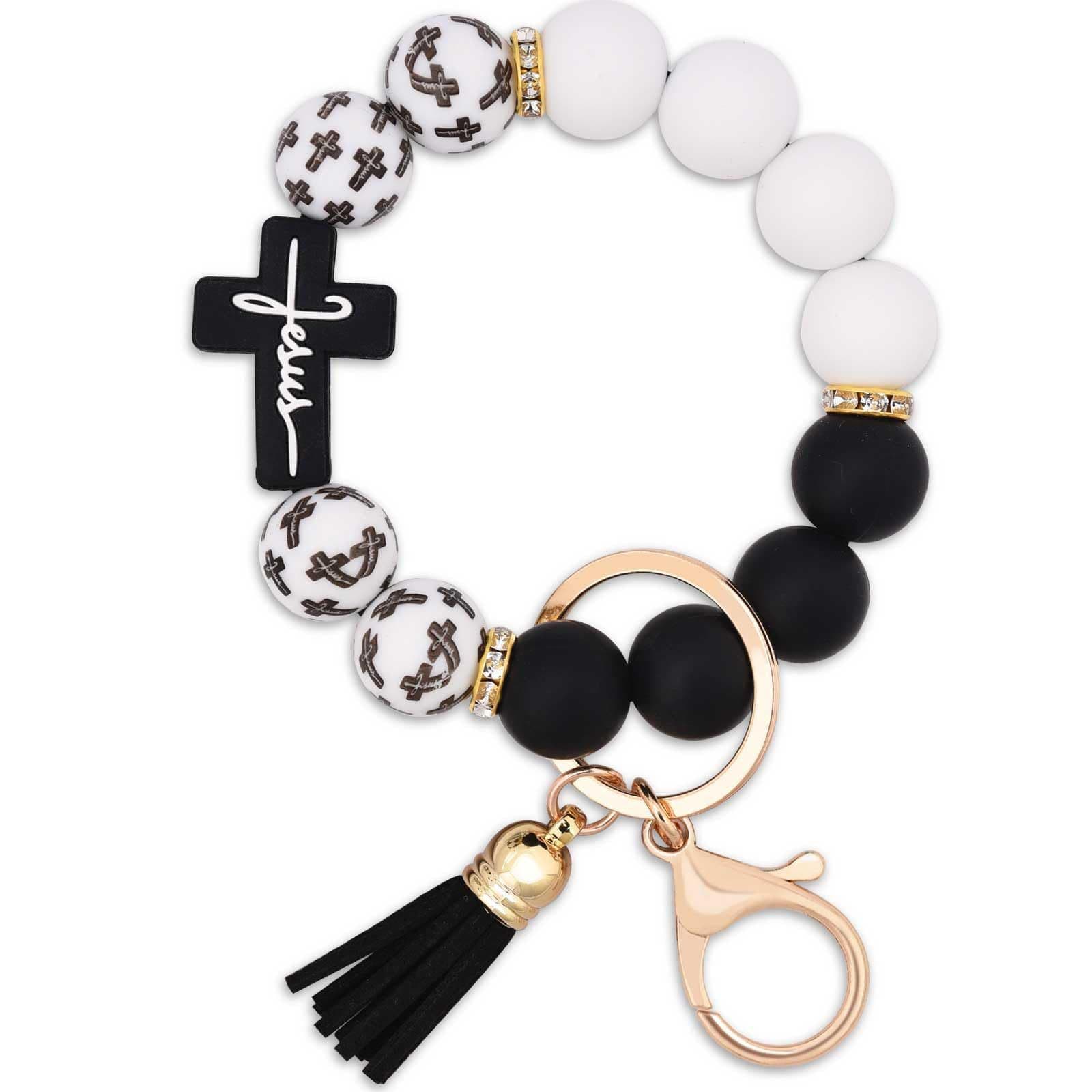 Black and White Silicone Bead Keychain with Cross Charm, Rhinestone Ring