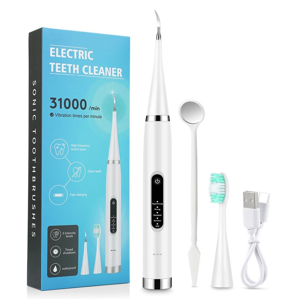 2-in-1 White Rechargeable Electric Teeth Cleaner & Plaque Remover - Home