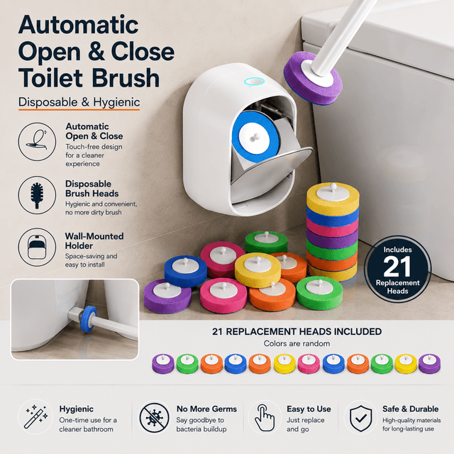 Automatic Flip-Open Disposable Toilet Brush Set with 21 Cleaning Refill