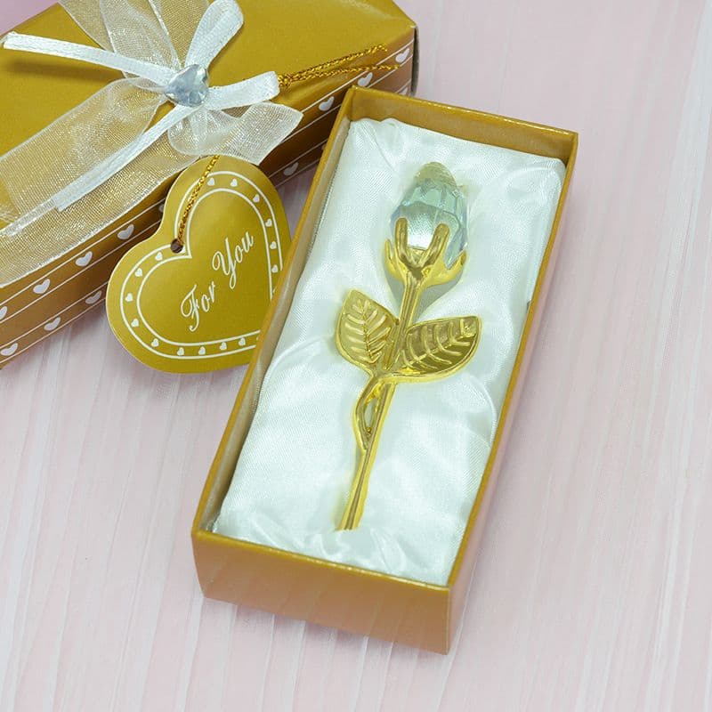 2 Set of White Crystal Rose Flower with Gold Gift Box and Gold - White Gold