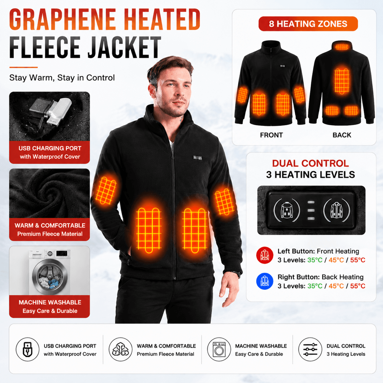 M Size Winter USB Heated Windproof Soft Fleece Warm Jacket for Men and Women