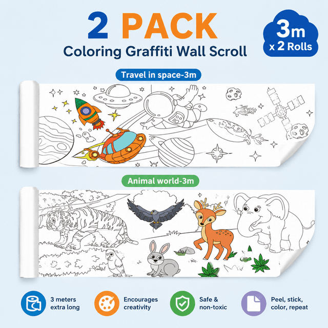 3M Extra Long Reusable Coloring Paper Roll 2 Pack, Space - And Animal World